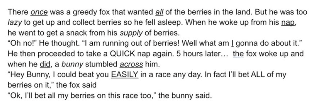 Screen shot of student writing