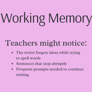 Information related to what a teacher might notice related to working memory.