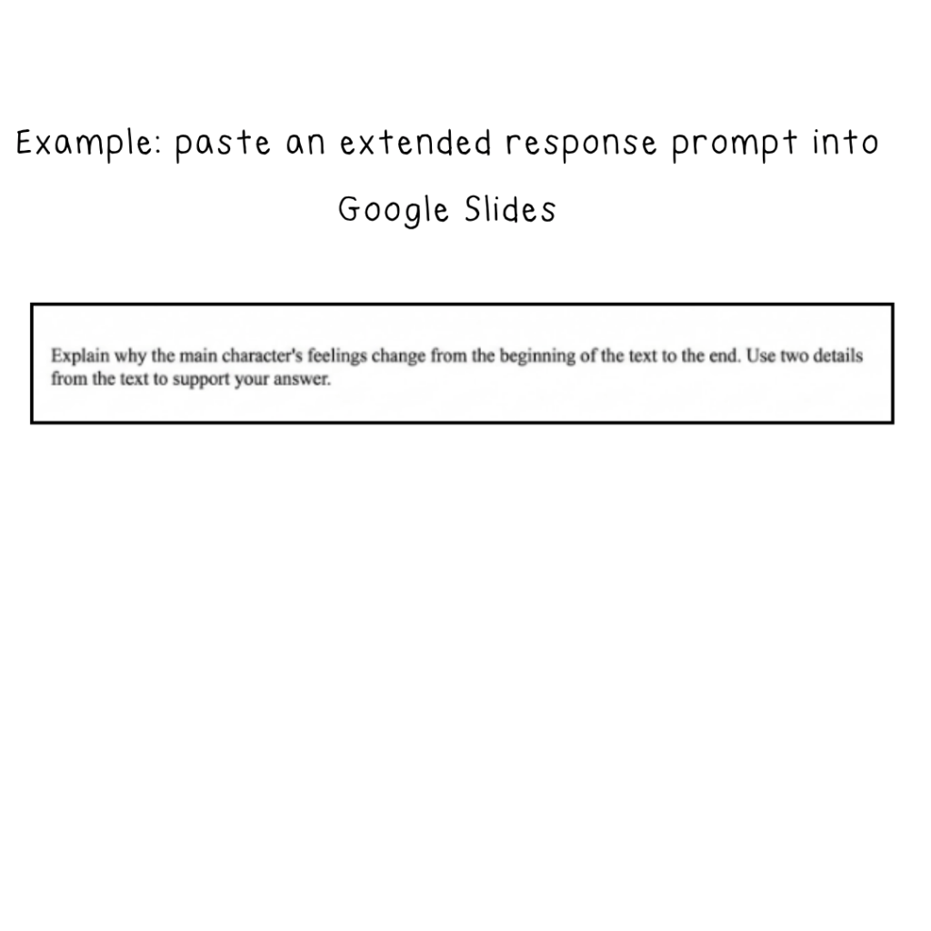 Sample extended response prompt pasted into Google Slides.