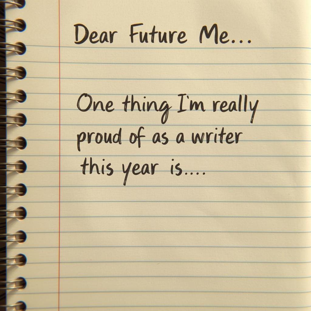 An image of a notebook with the words, "Dear Future Me..." written on top. Beneath that is the prompt, "One thing I'm really proud of as a writer this year is..."