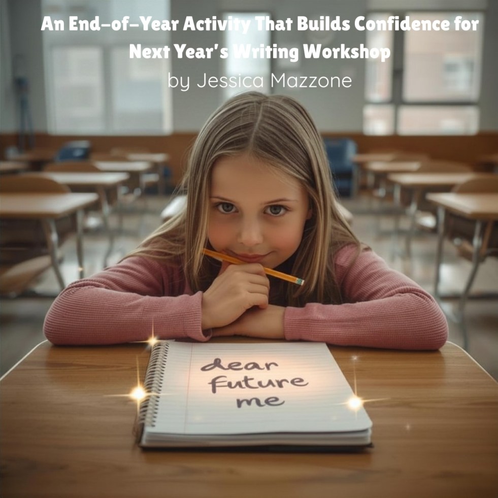 An image of a girl at a desk, holding a pencil, with a notebook in front of her. Her notebook page says, "Dear Future Me"
