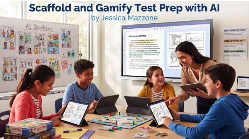 An image of a teacher with a group of students using games and AI tools to make test prep engaging and fun.
