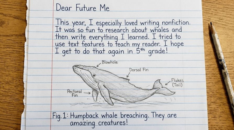 An image of a notebook paper on a desk with a pencil next to it. The notebook has an excerpt on it that reads, "Dear Future Me, This year, I especially loved writing nonfiction. It was so fun to research about whales and then write everything I learned. I tried to use text features to teach my reader. I hope I get to do that again in 5th grade!" There is a sketch of a whale with labels and a caption that reads, "Humpback whale breathing. They are amazing creatures!"