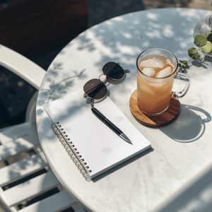 A sunlit outdoor table with dappled shadows from overhead foliage. An open spiral notebook with a black pen rests on the white surface next to a glass of iced coffee on a cork coaster. A pair of dark sunglasses lies nearby, completing this serene summer writing setup.