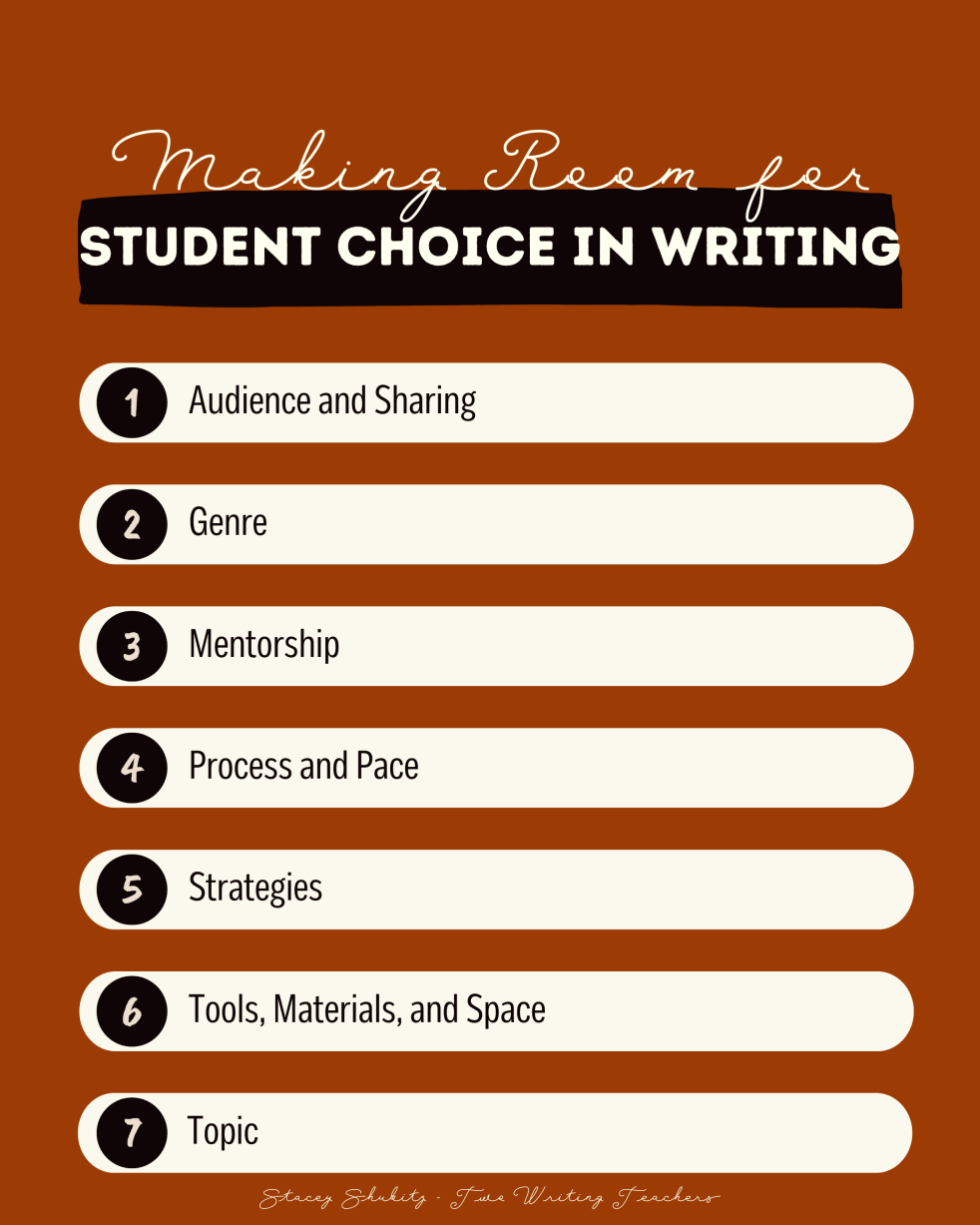 Deep orange background with seven bubbles, each containing one of the seven areas where you can make room for student choice in writing.
