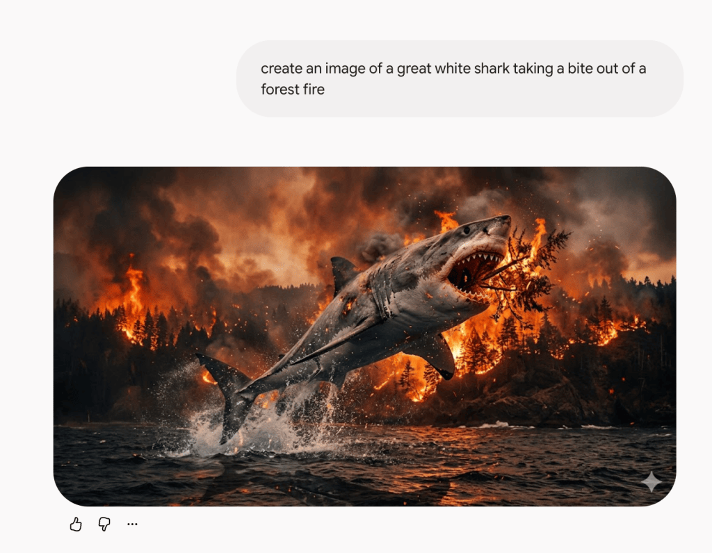 A graphic image of a Great White Shark leaping out of the water in front of a burning forest fire