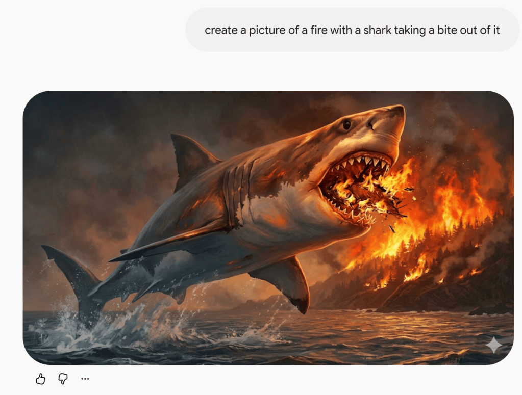A fire with a Great White Shark taking a bite out of it